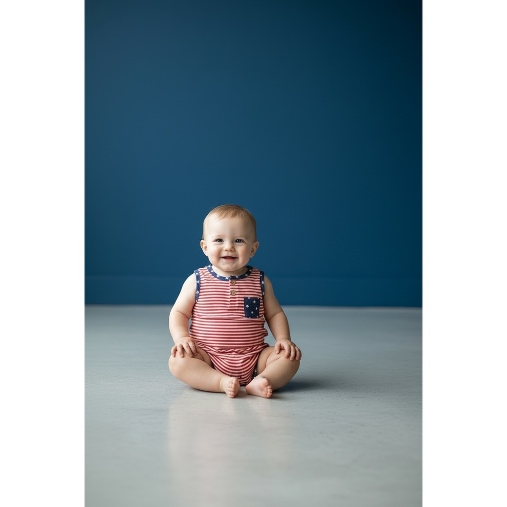 Patriotic Baby Bodysuit Red White Striped Star Trim Henley Romper Fourth of July